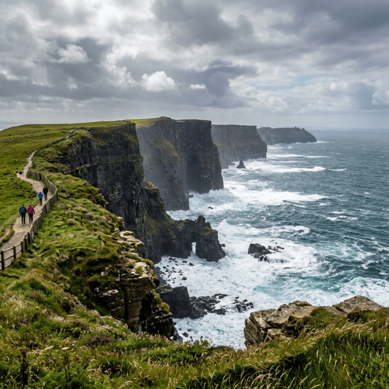 Path along green cliffs overlooking rough ocean waves under cloudy sky